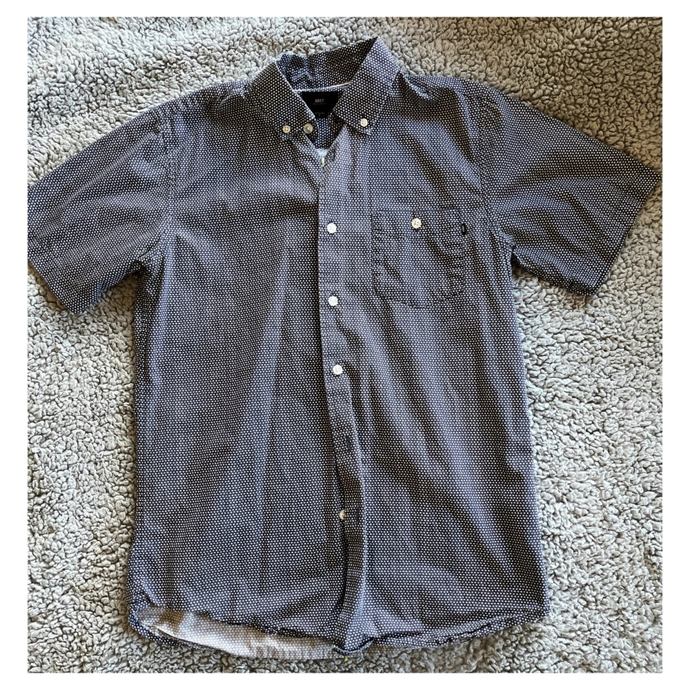 Obey Men’s Small Navy Blue & White Short Sleeve Regular Fit Button Down Shirt.